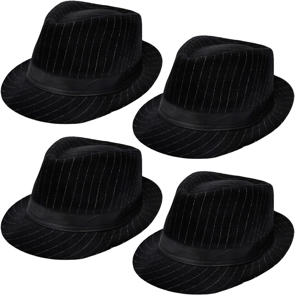 3461 4 Pcs Striped Fedora Black Fedora Hat Short Brim Jazz Hat Gangster